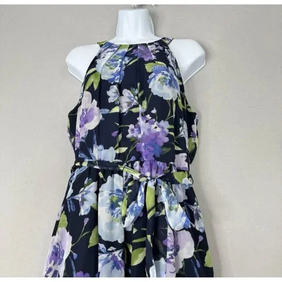 SLNY Floral Print Maxi Dress Halter Neckline Fitted Bodice Flowing Skirt Sz 12 - Picture 4 of 7
